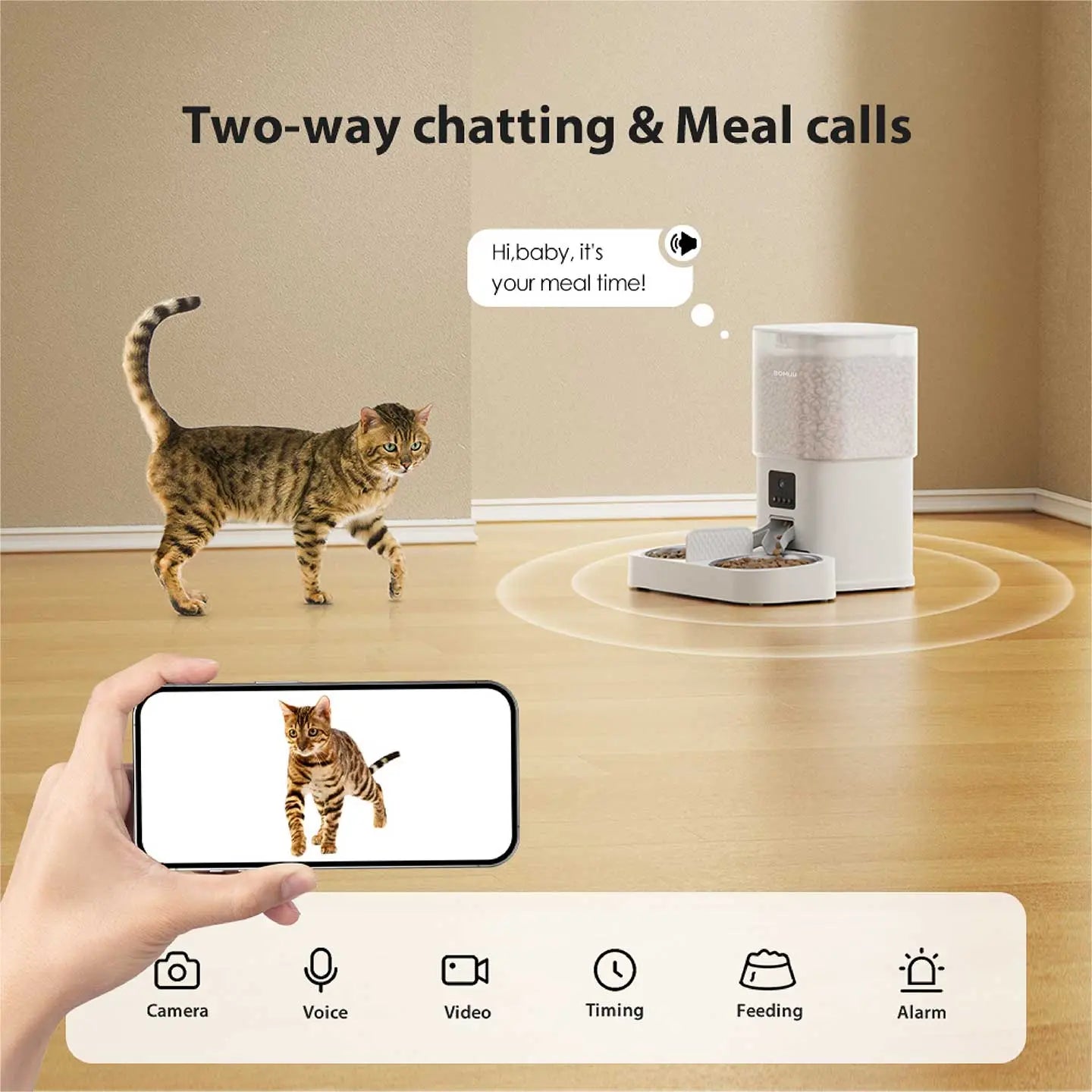 BOMUU Automatic Cat Feeder, 6L Extra-Large, 1080P HD Video, Stainless Steel Double Bowls, APP Remote Feeding, 2.4G Wifi, Timed & Portioned, Voice Intercom, 8 Daily Programmable Meals, 10S Recording, Cat Food Dispenser for Multi-Cat Households