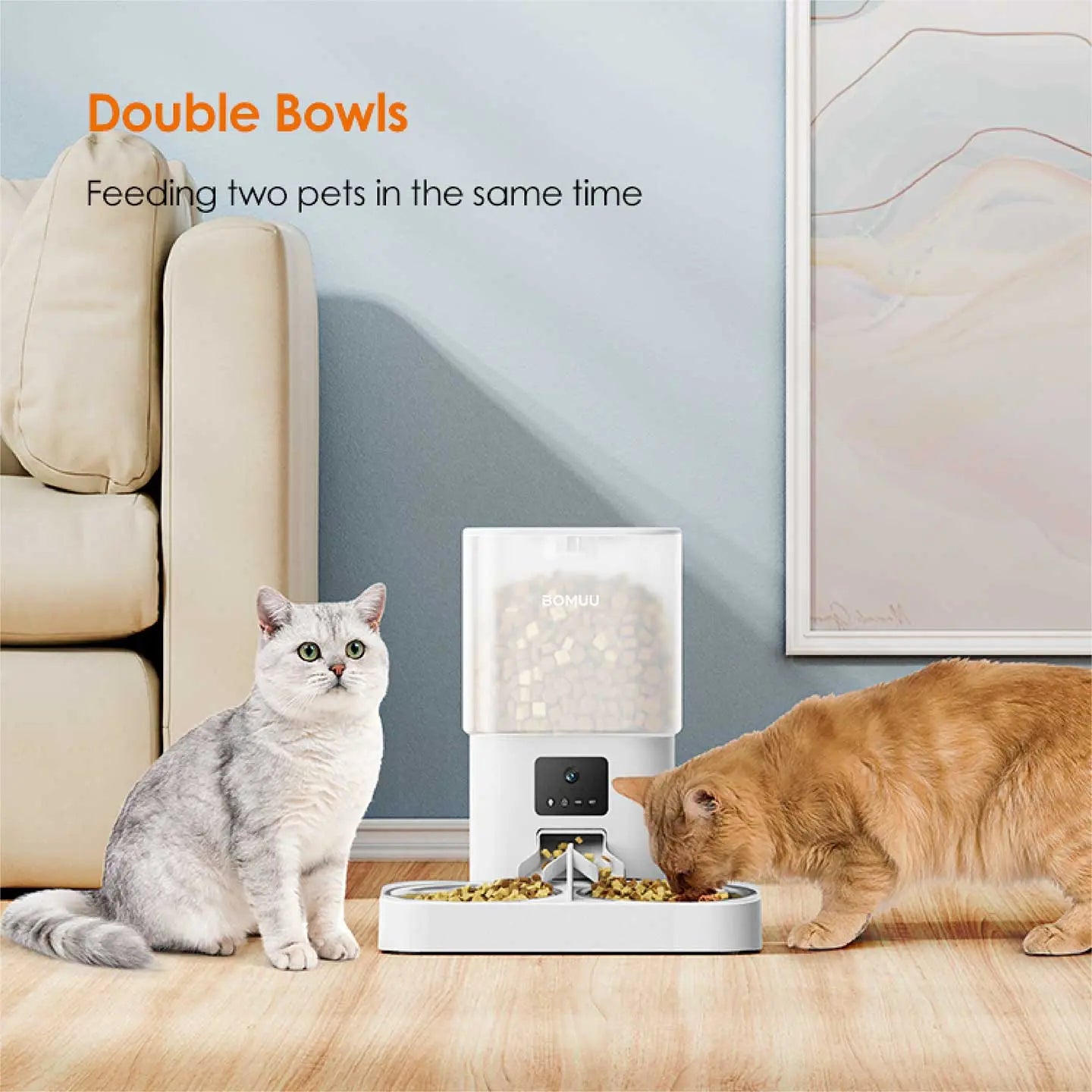 BOMUU Automatic Cat Feeder, 6L Extra-Large, 1080P HD Video, Stainless Steel Double Bowls, APP Remote Feeding, 2.4G Wifi, Timed & Portioned, Voice Intercom, 8 Daily Programmable Meals, 10S Recording, Cat Food Dispenser for Multi-Cat Households