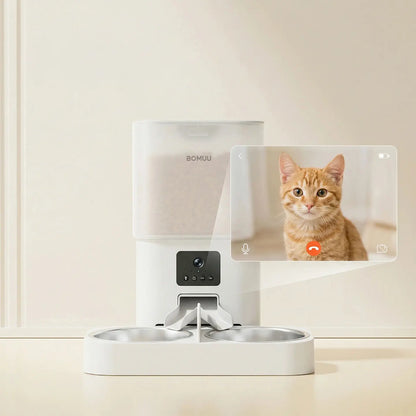 BOMUU Automatic Cat Feeder, 6L Extra-Large, 1080P HD Video, Stainless Steel Double Bowls, APP Remote Feeding, 2.4G Wifi, Timed & Portioned, Voice Intercom, 8 Daily Programmable Meals, 10S Recording, Cat Food Dispenser for Multi-Cat Households
